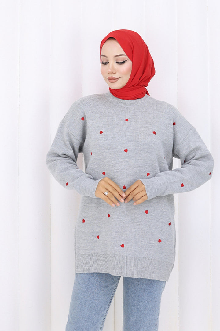 BNG Women Kalp Nakışlı Triko Kazak N3253 Gri - Winter Haven