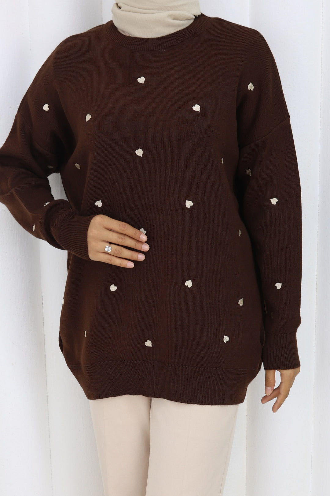 BNG Women Kalp Nakışlı Triko Kazak N3253 Kahverengi - Bletchley