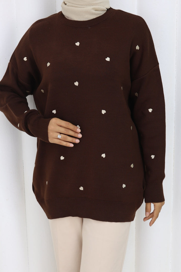 BNG Women Kalp Nakışlı Triko Kazak N3253 Kahverengi - Bletchley