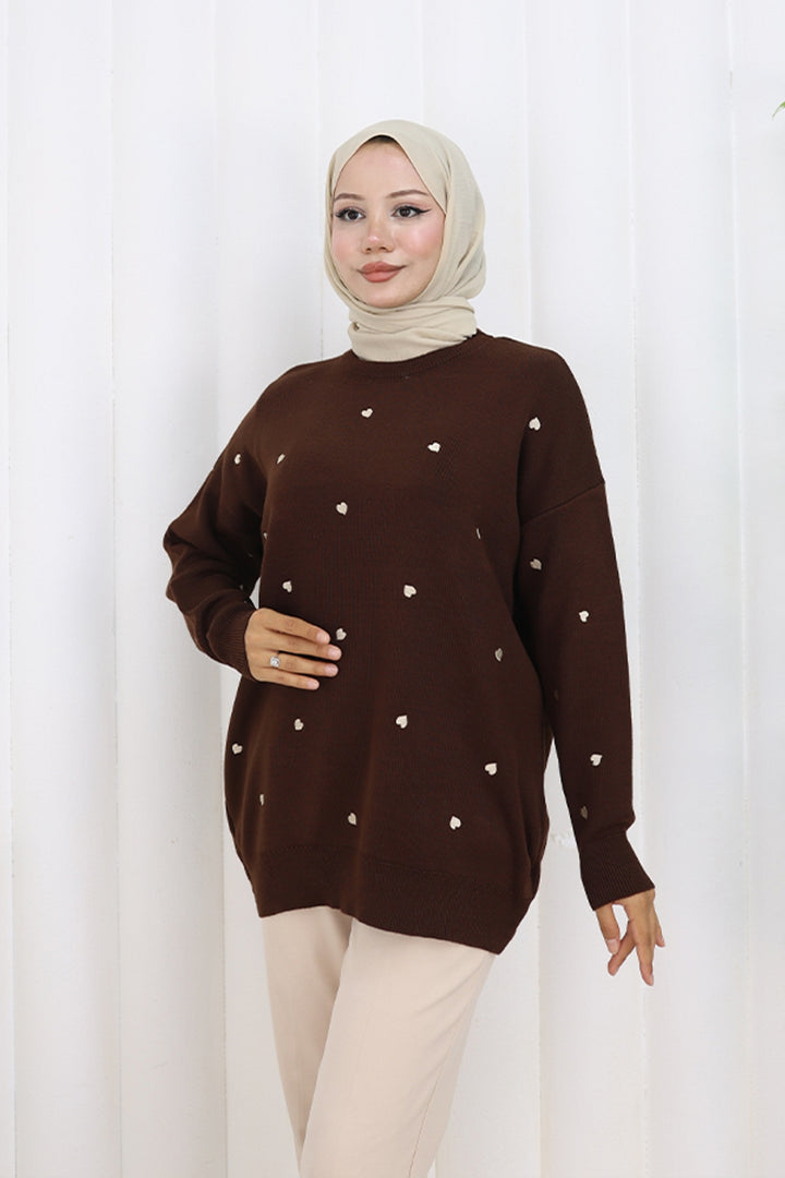 BNG Women Kalp Nakışlı Triko Kazak N3253 Kahverengi - Bletchley