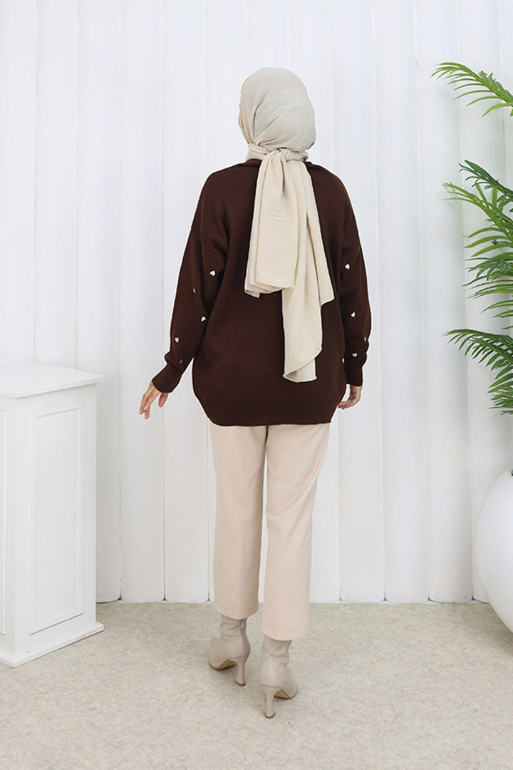 BNG Women Kalp Nakışlı Triko Kazak N3253 Kahverengi - Bletchley