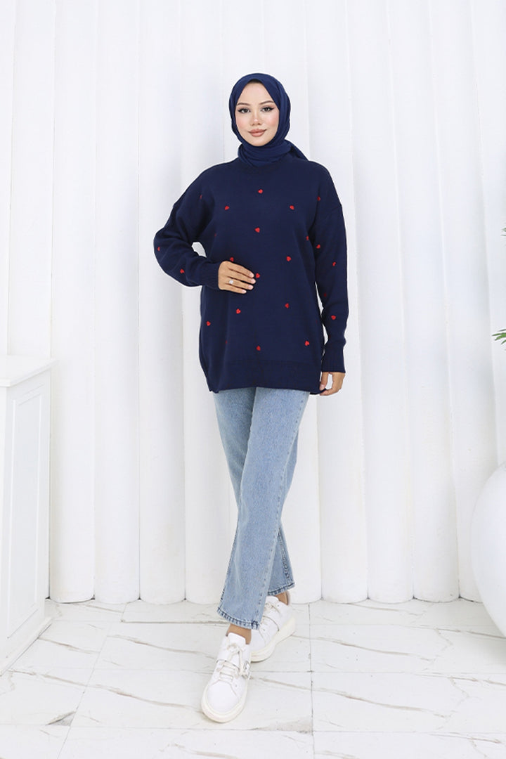 BNG Women Kalp Nakışlı Triko Kazak N3253 Lacivert - Central Coast