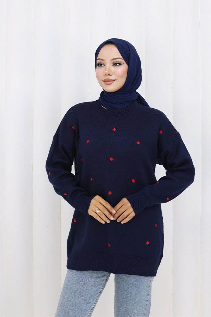 BNG Women Kalp Nakışlı Triko Kazak N3253 Lacivert - Central Coast