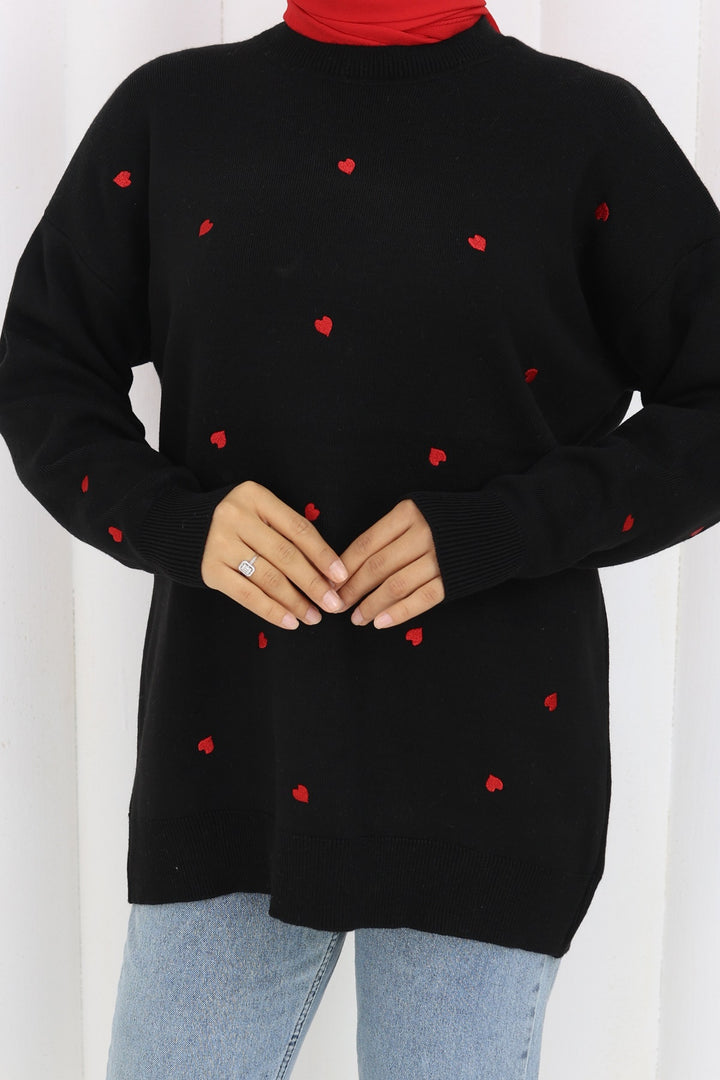 BNG Women Kalp Nakışlı Triko Kazak N3253 Siyah - Douai