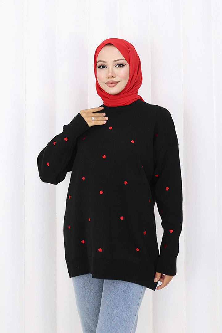 BNG Women Kalp Nakışlı Triko Kazak N3253 Siyah - Douai