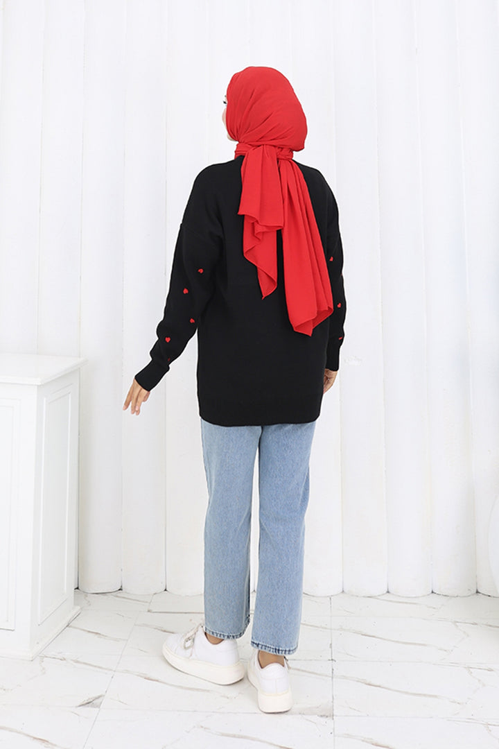 BNG Women Kalp Nakışlı Triko Kazak N3253 Siyah - Douai