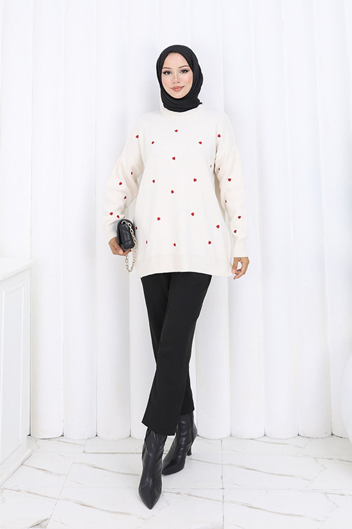 BNG Women Kalp Nakışlı Triko Kazak N3253 Taş Rengi - Pocatello