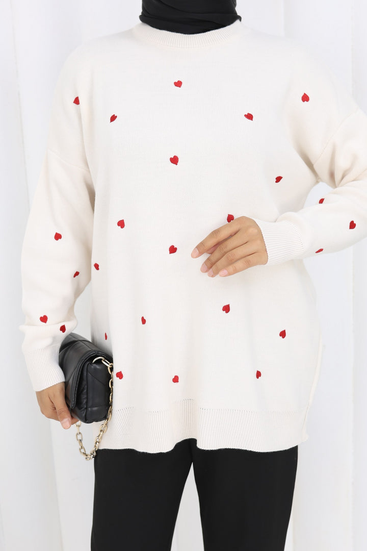 BNG Women Kalp Nakışlı Triko Kazak N3253 Taş Rengi - Pocatello