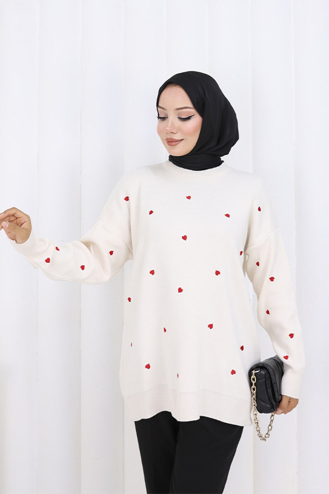 BNG Women Kalp Nakışlı Triko Kazak N3253 Taş Rengi - Pocatello