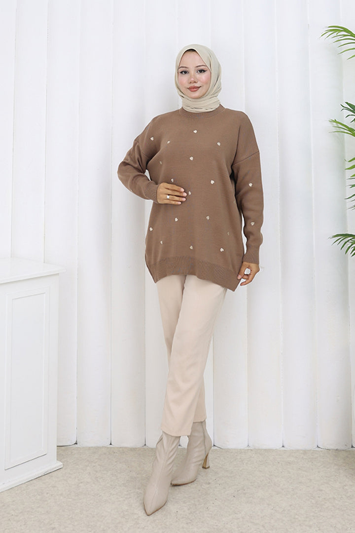 BNG Women Kalp Nakışlı Triko Kazak N3253 Vizon - Zamora