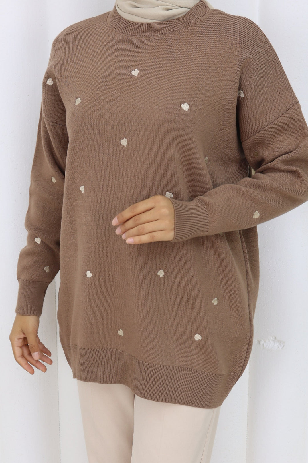 BNG Women Kalp Nakışlı Triko Kazak N3253 Vizon - Zamora