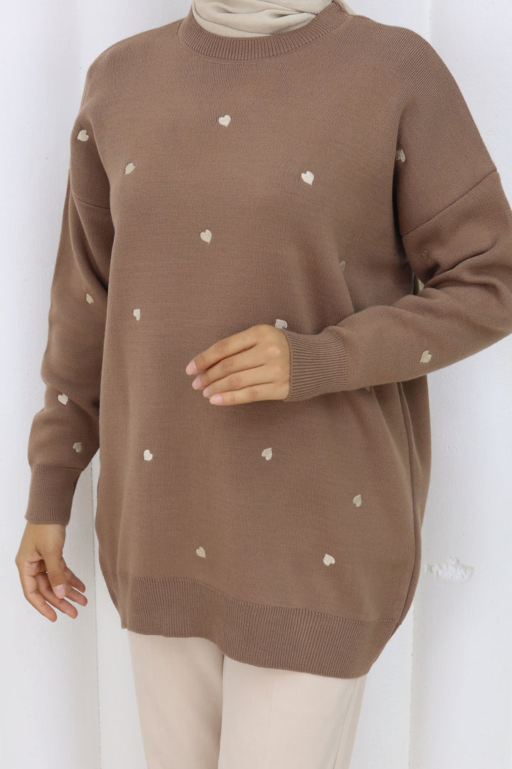 BNG Women Kalp Nakışlı Triko Kazak N3253 Vizon - Zamora