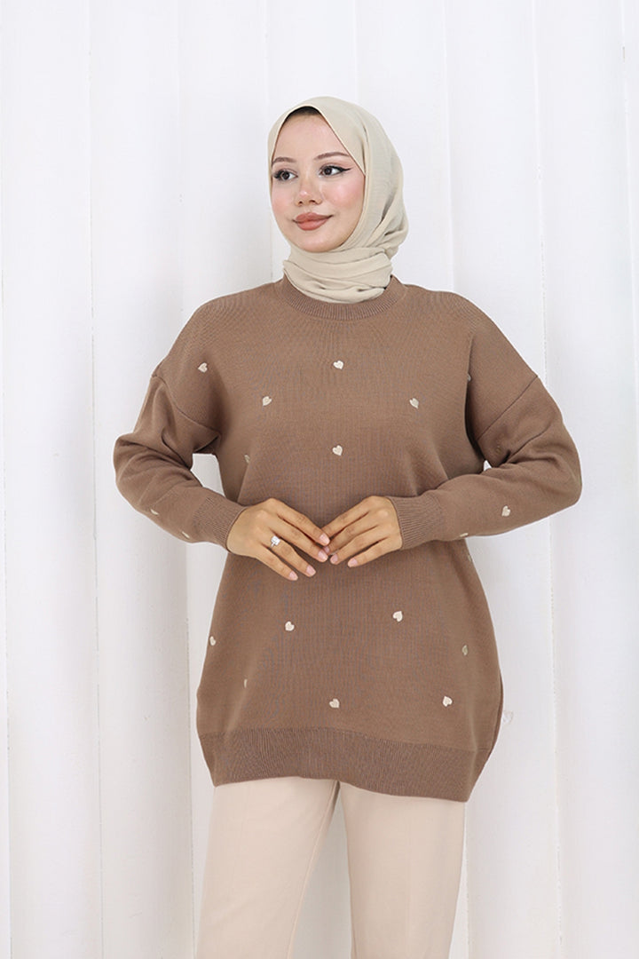 BNG Women Kalp Nakışlı Triko Kazak N3253 Vizon - Zamora