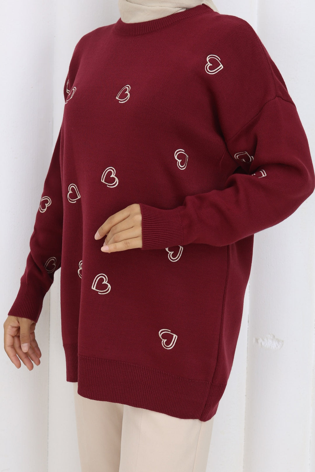 BNG Women Kalp Nakışlı Triko Kazak N3254 Bordo - Chervonohrad