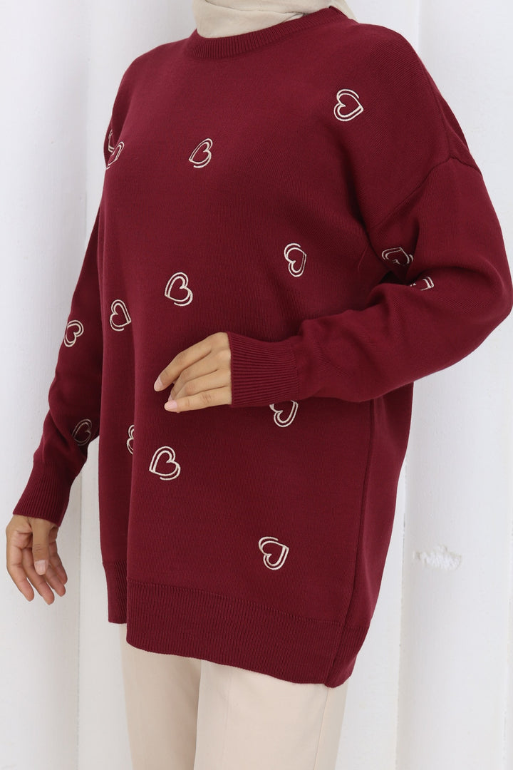 BNG Women Kalp Nakışlı Triko Kazak N3254 Bordo - Chervonohrad