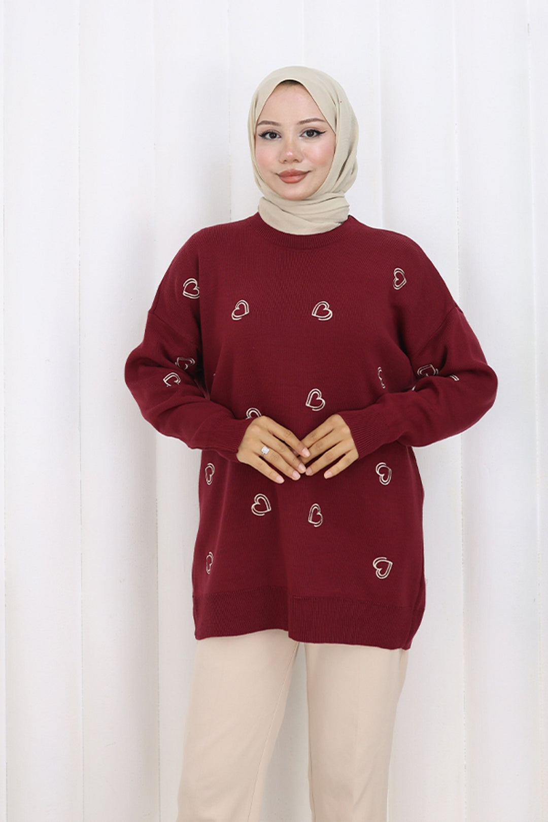 BNG Women Kalp Nakışlı Triko Kazak N3254 Bordo - Chervonohrad