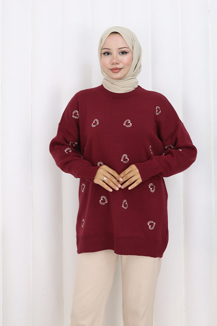 BNG Women Kalp Nakışlı Triko Kazak N3254 Bordo - Chervonohrad