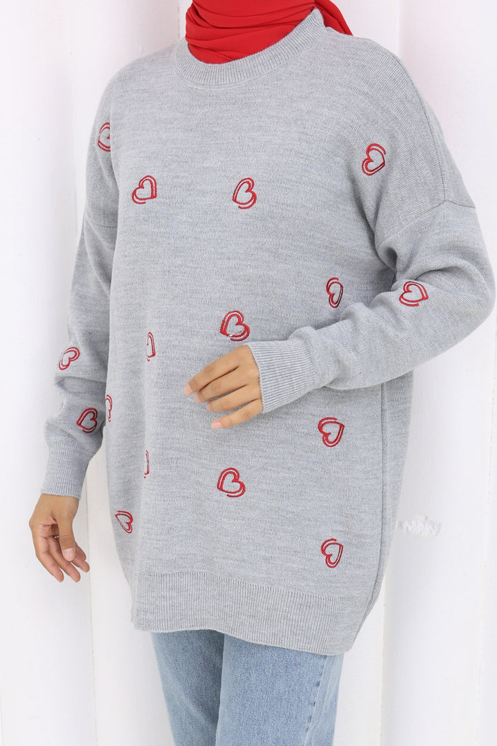 BNG Women Kalp Nakışlı Triko Kazak N3254 Gri - Pinto