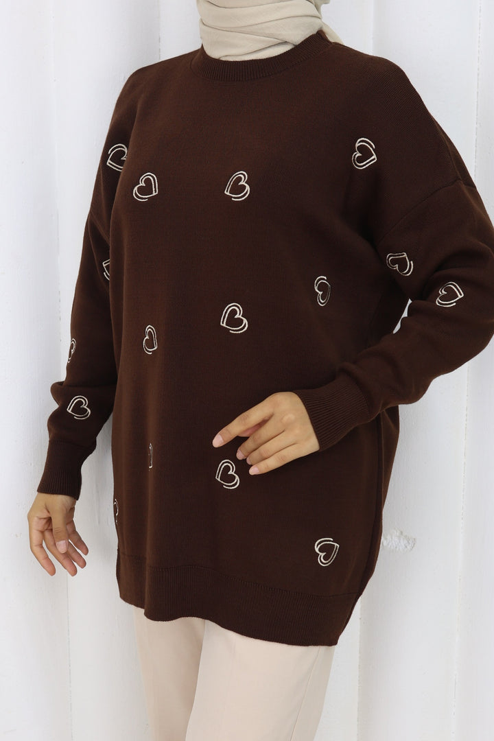 BNG Women Kalp Nakışlı Triko Kazak N3254 Kahverengi - Bury Saint Edmunds