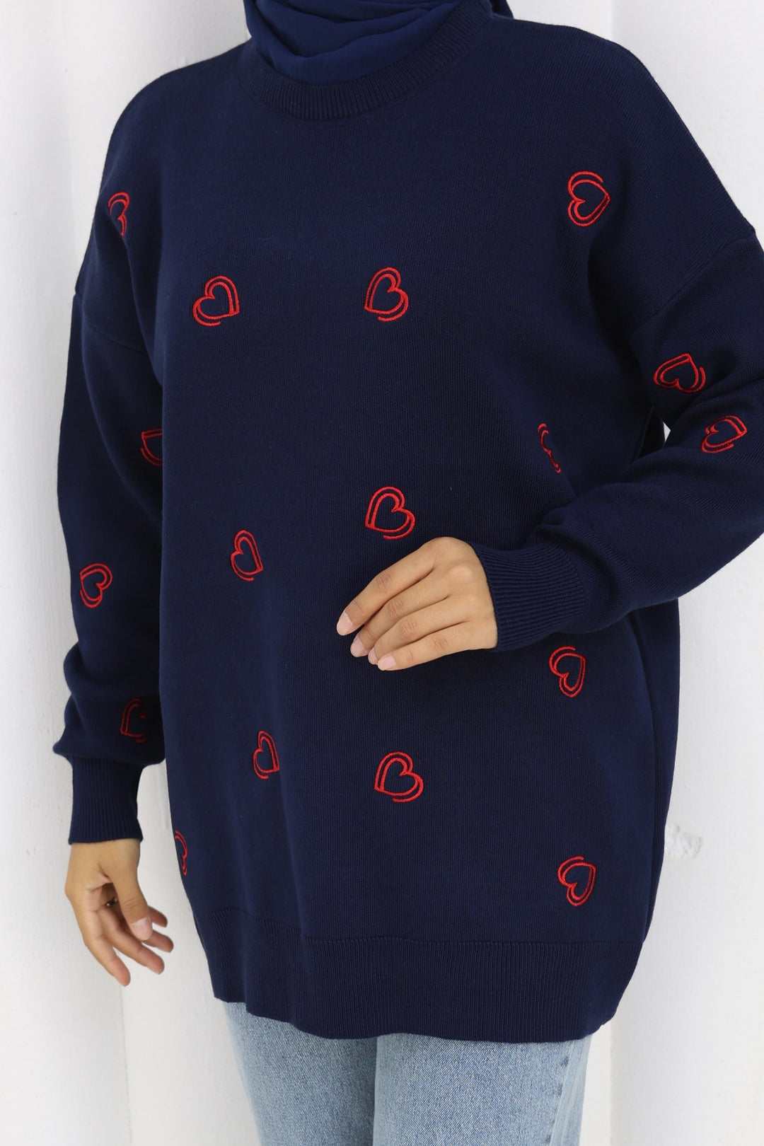 BNG Women Kalp Nakışlı Triko Kazak N3254 Lacivert - Fuenlabrada