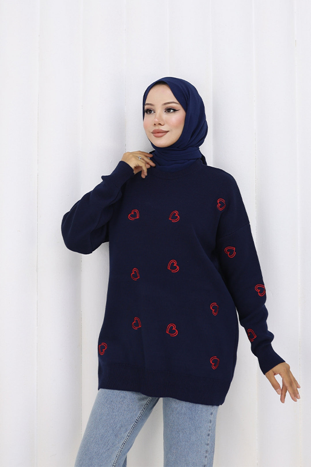 BNG Women Kalp Nakışlı Triko Kazak N3254 Lacivert - Fuenlabrada