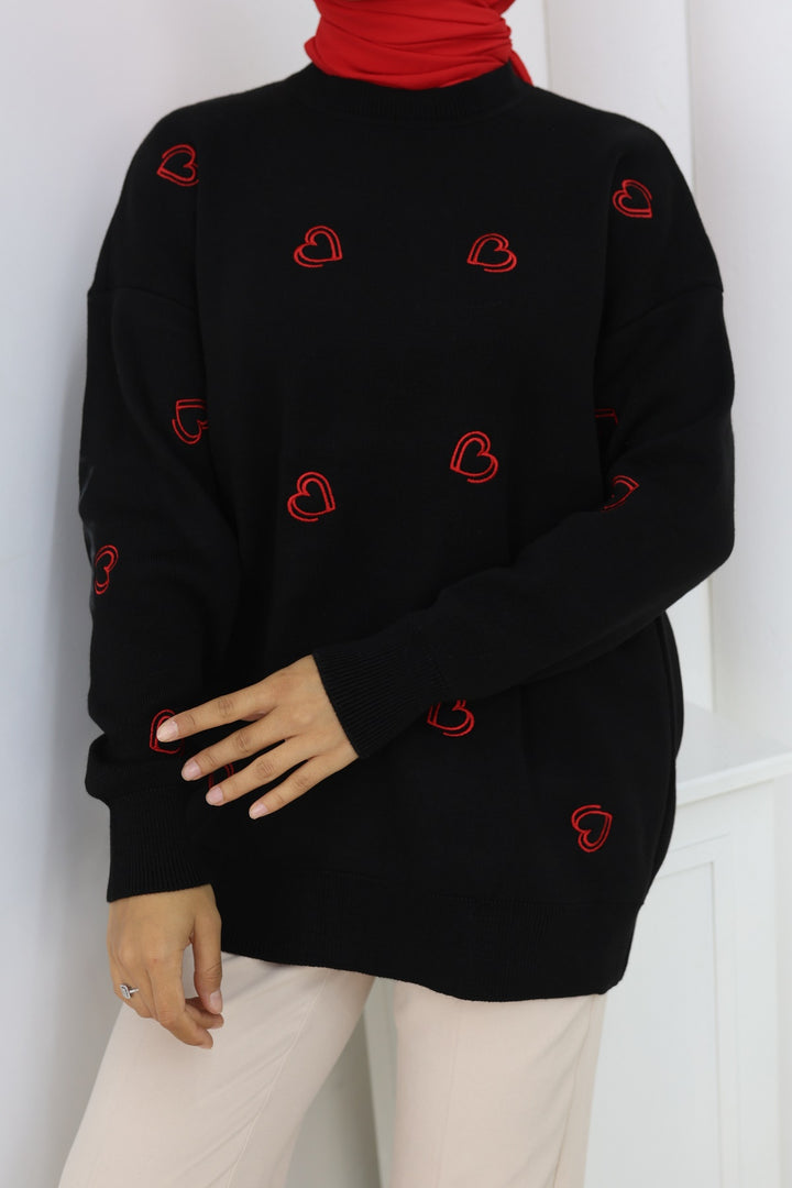 BNG Women Kalp Nakışlı Triko Kazak N3254 Siyah - Netishyn