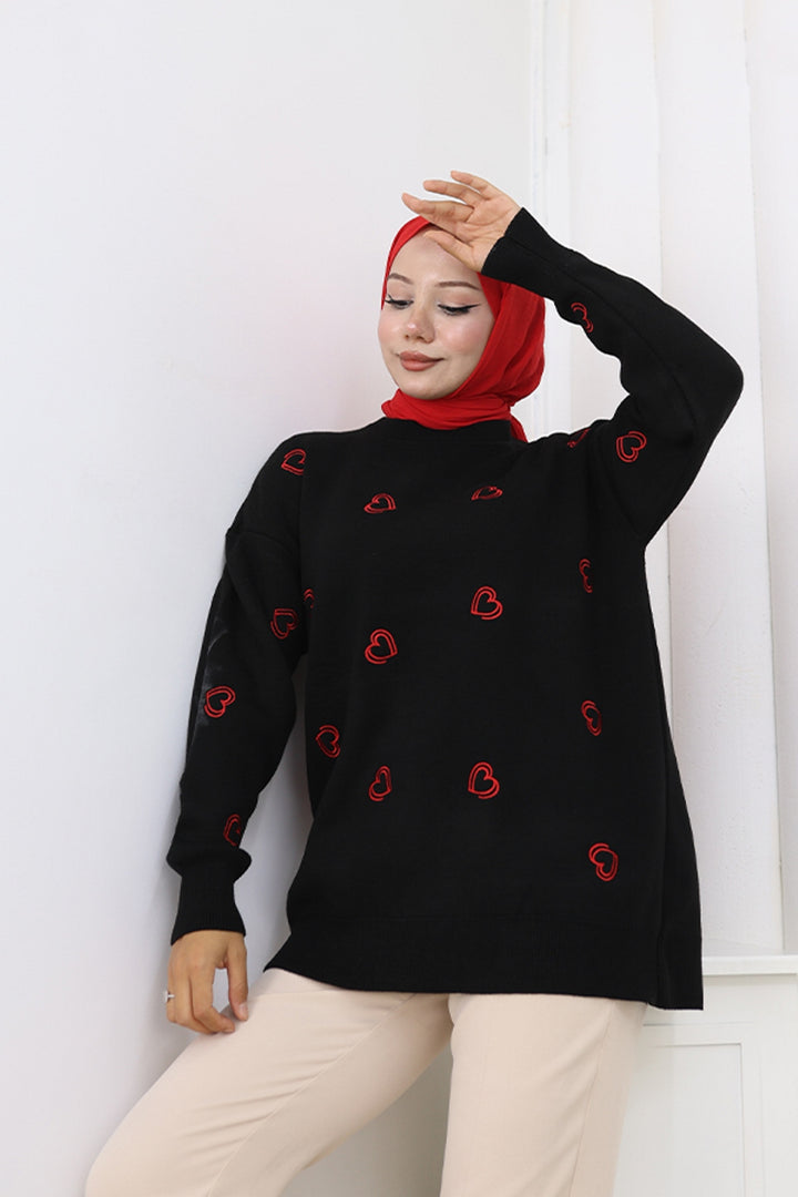 BNG Women Kalp Nakışlı Triko Kazak N3254 Siyah - Netishyn