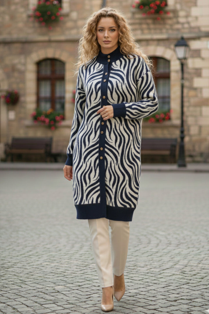 BNG Women Patterned Hijab Cardigan N3286 Navy - Rahovec