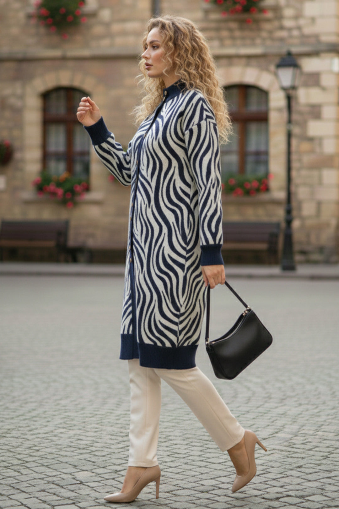 BNG Women Patterned Hijab Cardigan N3286 Navy - Rahovec