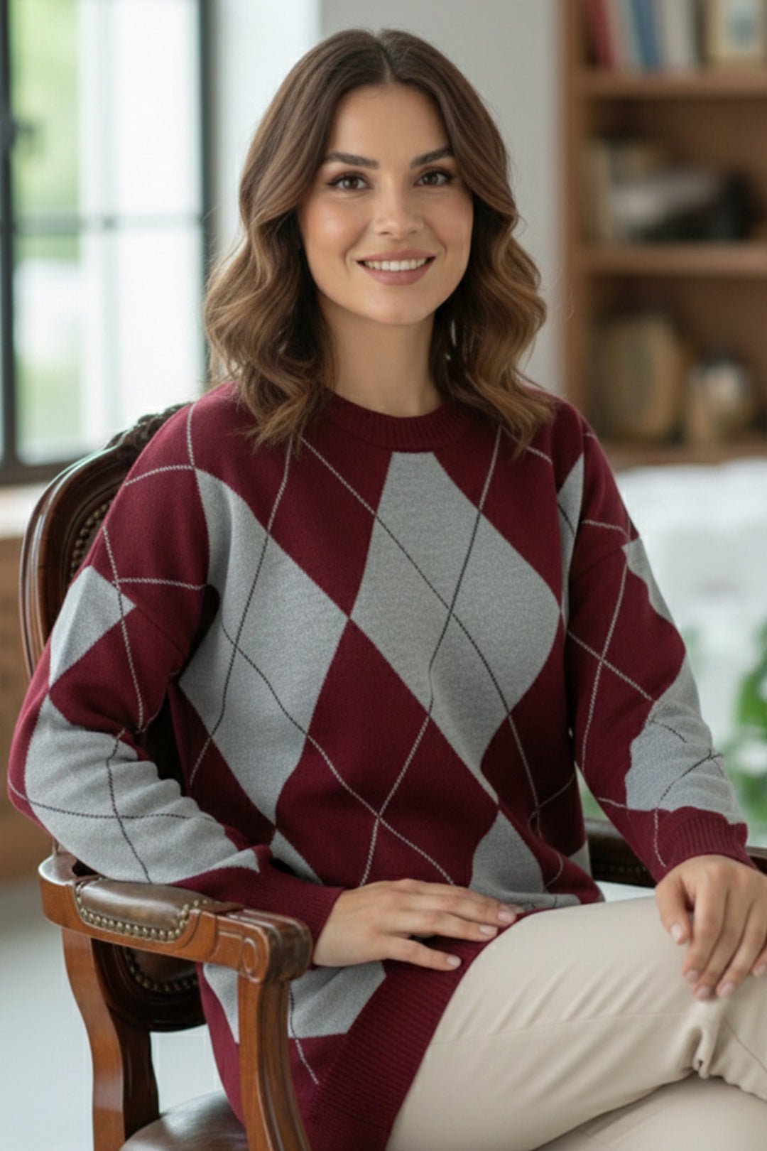 BNG Women Baklava Desenli Triko Kazak N3027 Bordo - Belfort