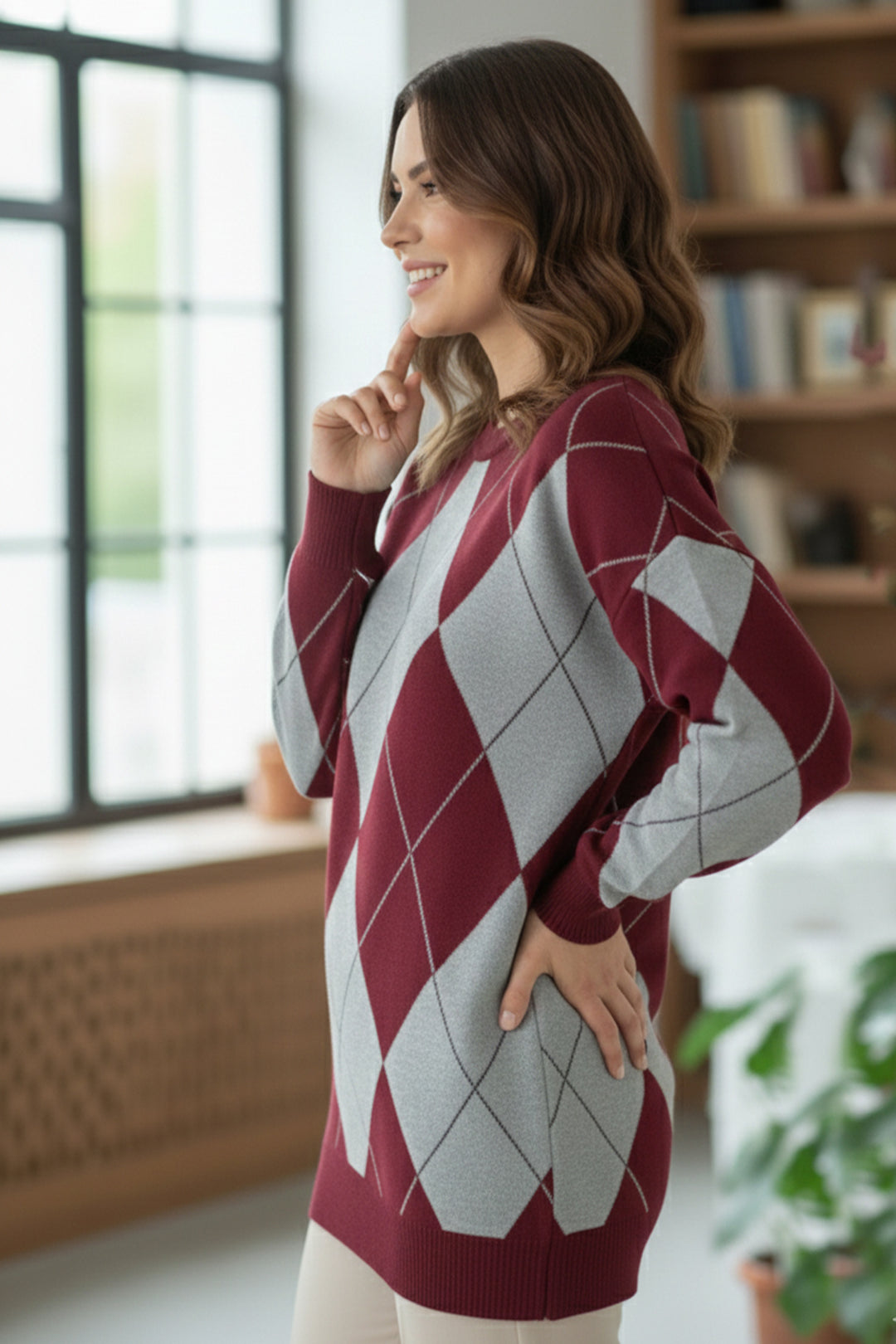 BNG Women Baklava Desenli Triko Kazak N3027 Bordo - Belfort