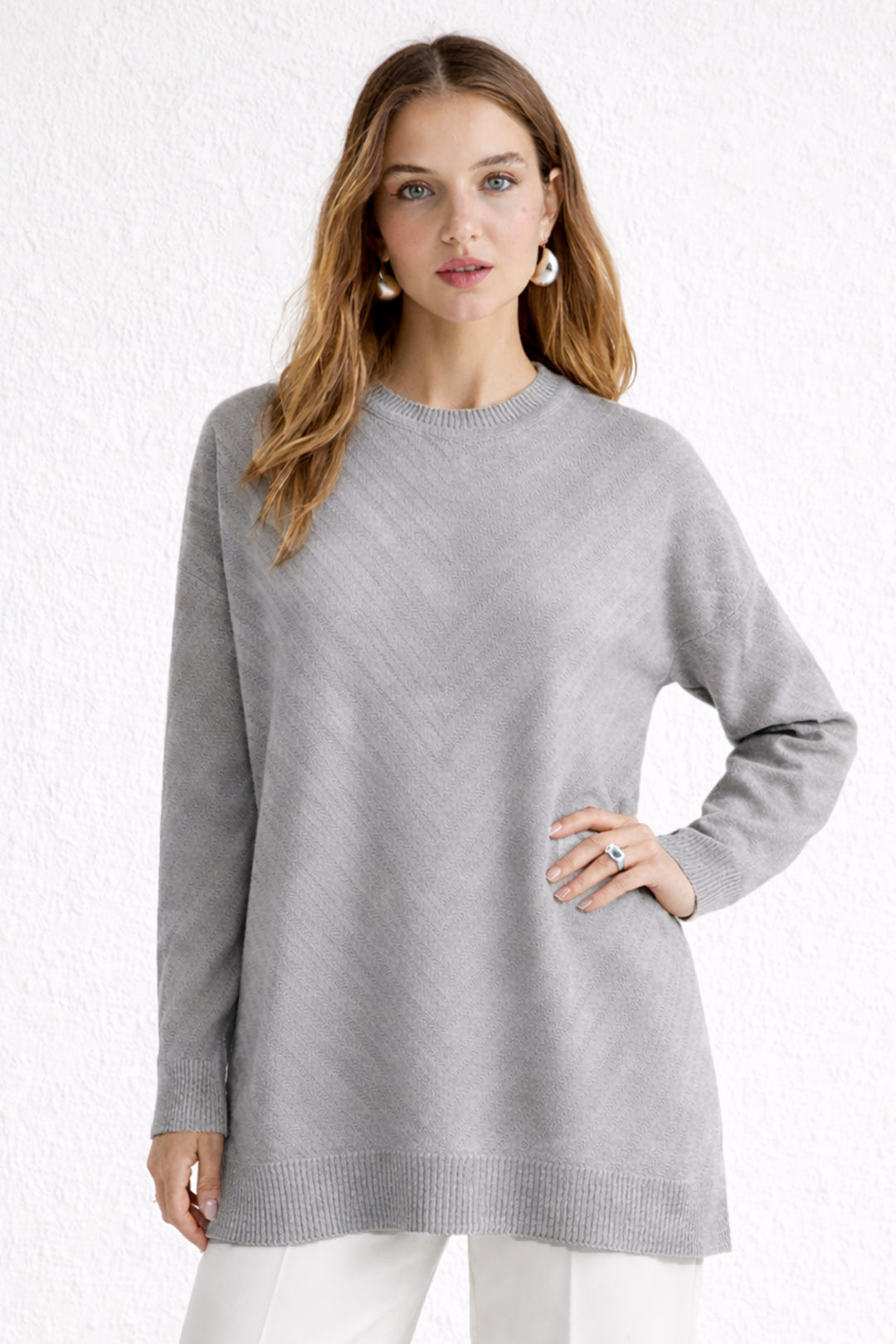 BNG Women Desenli Tesettür Tunik N3192 Gri - Jalacingo