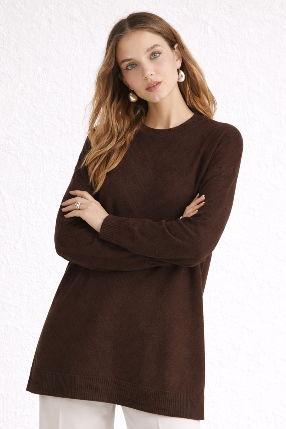 BNG Women Desenli Tesettür Tunik N3192 Kahverengi - Ipswich