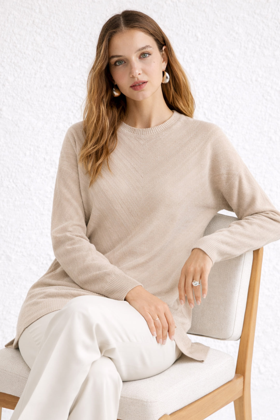 BNG Women Desenli Tesettür Tunik N3192 Taş Rengi - Meppel