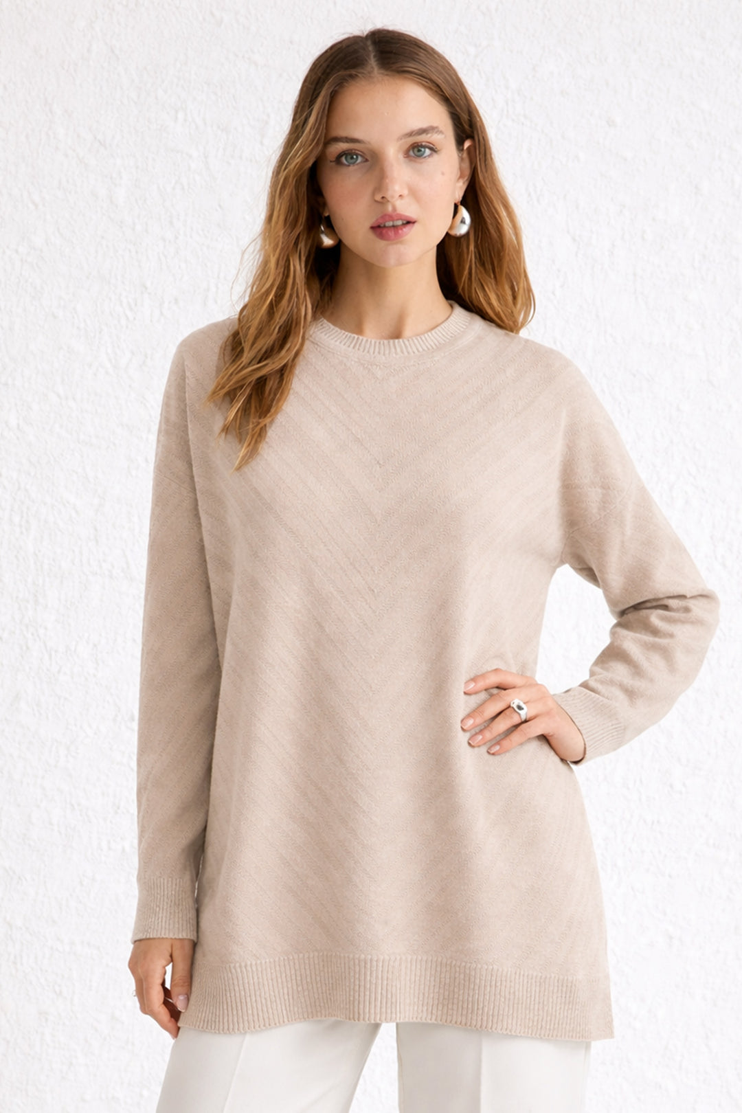 BNG Women Desenli Tesettür Tunik N3192 Taş Rengi - Meppel