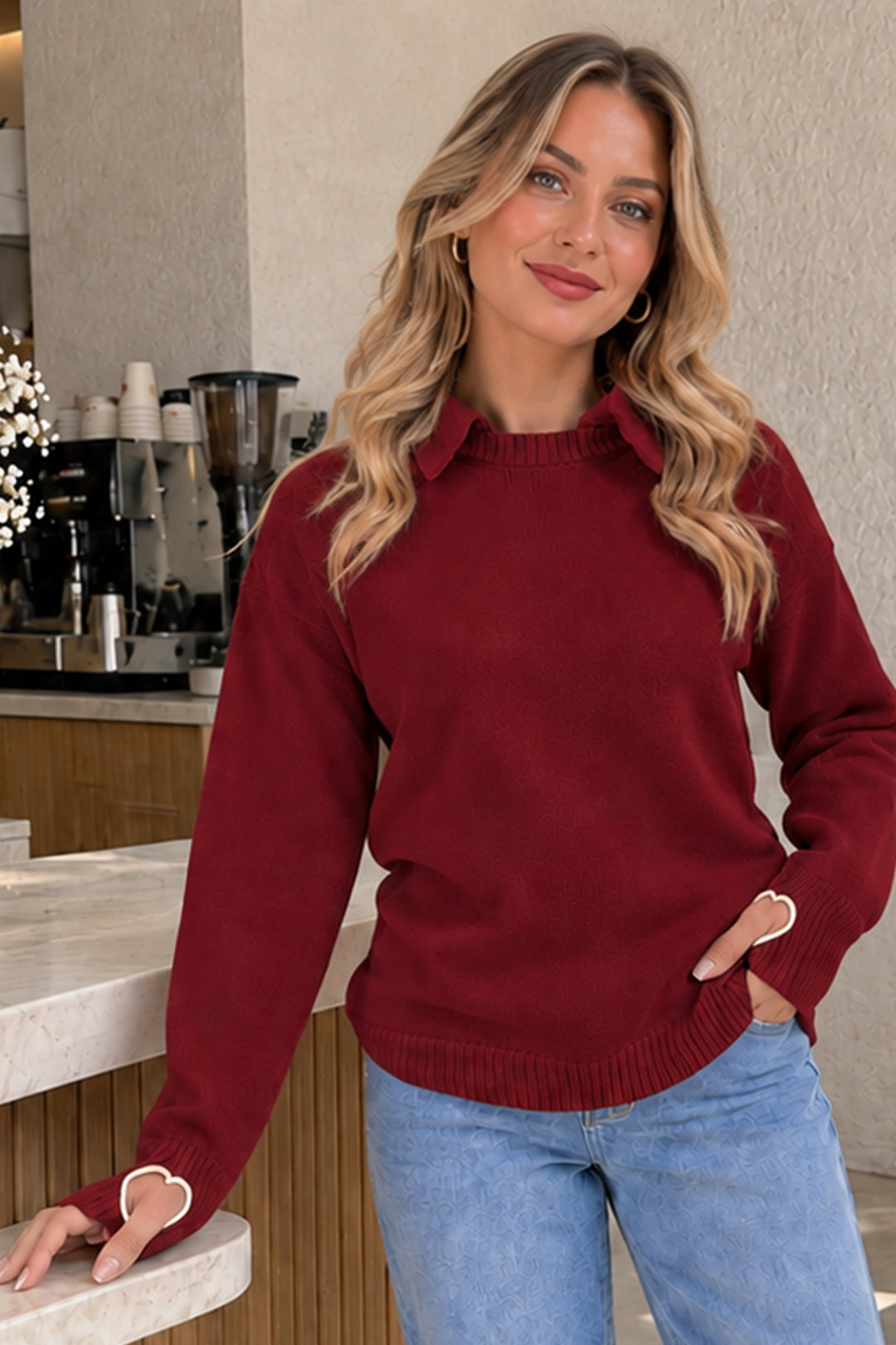 BNG Women Parmak Detaylı Triko Kazak N509 Bordo - Altamonte Springs