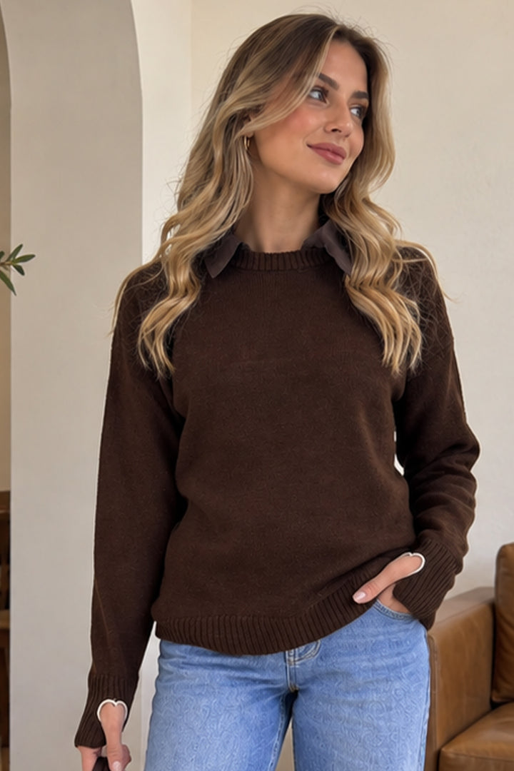 BNG Women Parmak Detaylı Triko Kazak N509 Kahverengi - Twin Falls