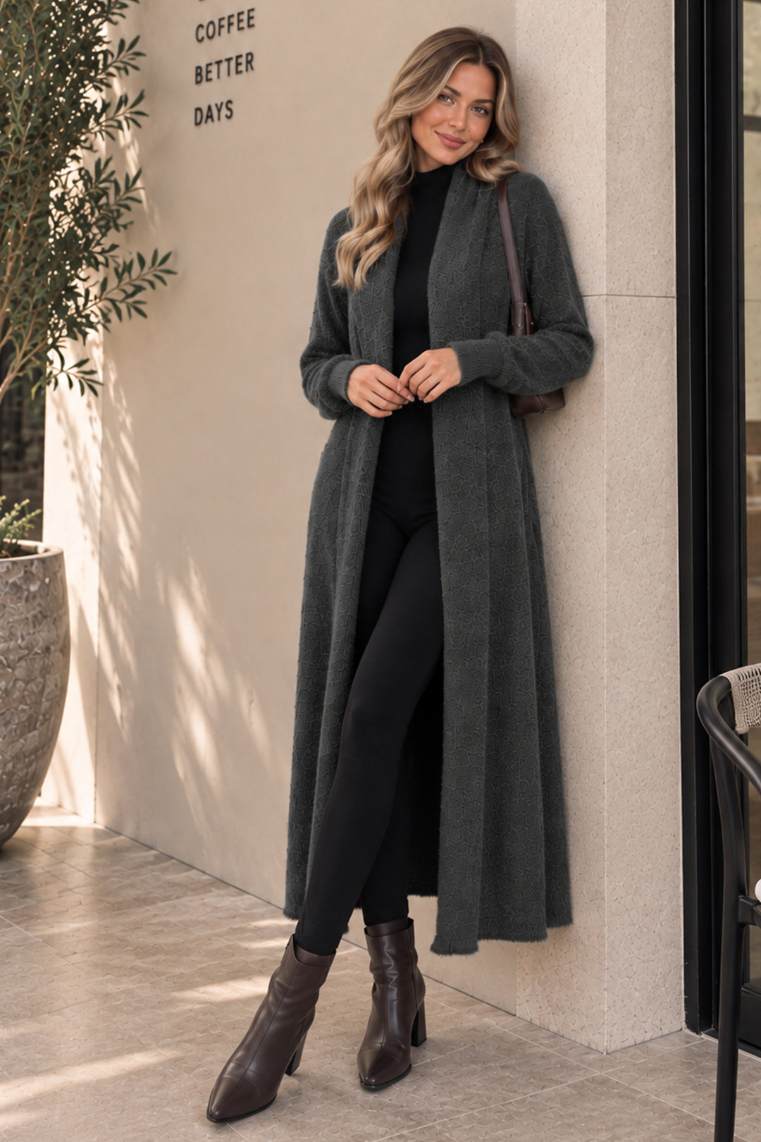 BNG Women Sakallı Triko Uzun Hırka N3372 Antrasit - Concord