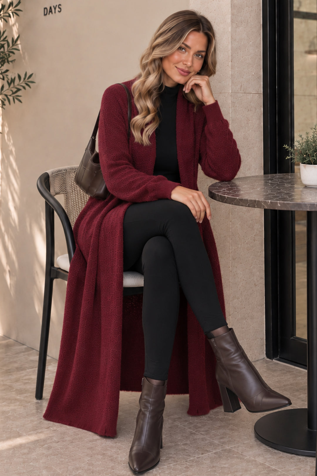 BNG Women Sakallı Triko Uzun Hırka N3372 Bordo - Vaslui