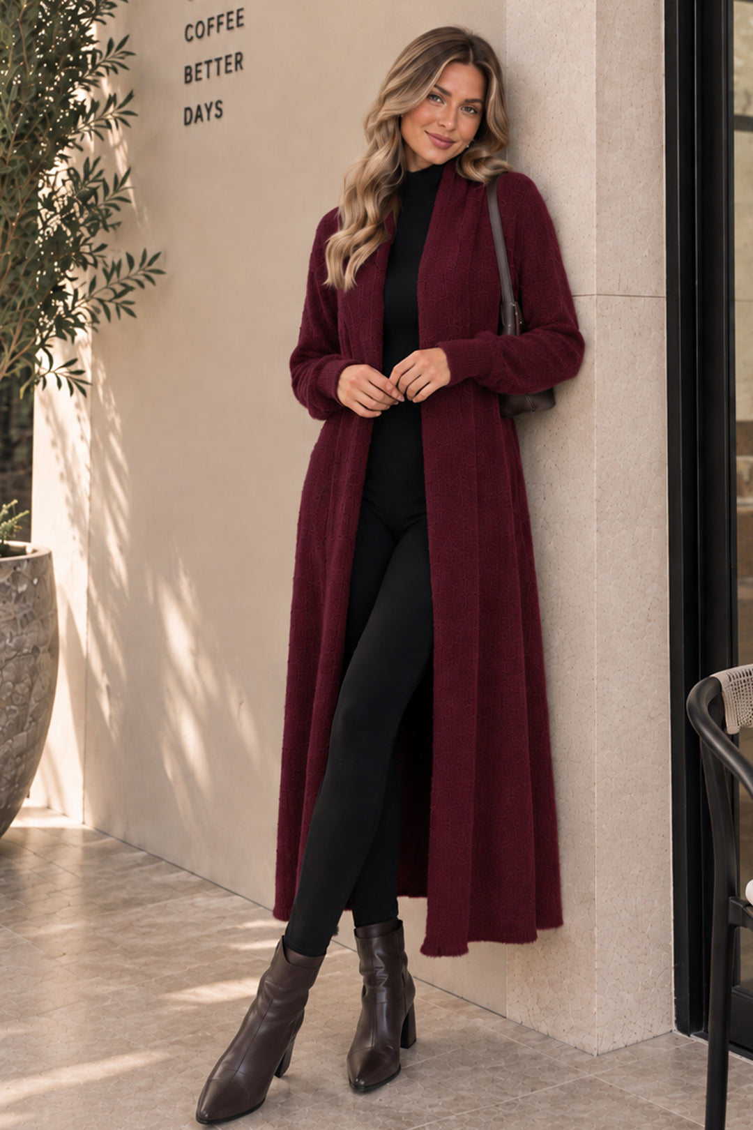 BNG Women Sakallı Triko Uzun Hırka N3372 Bordo - Vaslui