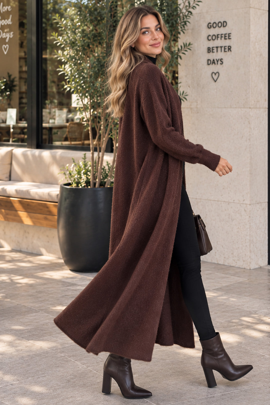 BNG Women Sakallı Triko Uzun Hırka N3372 Kahverengi - Davie
