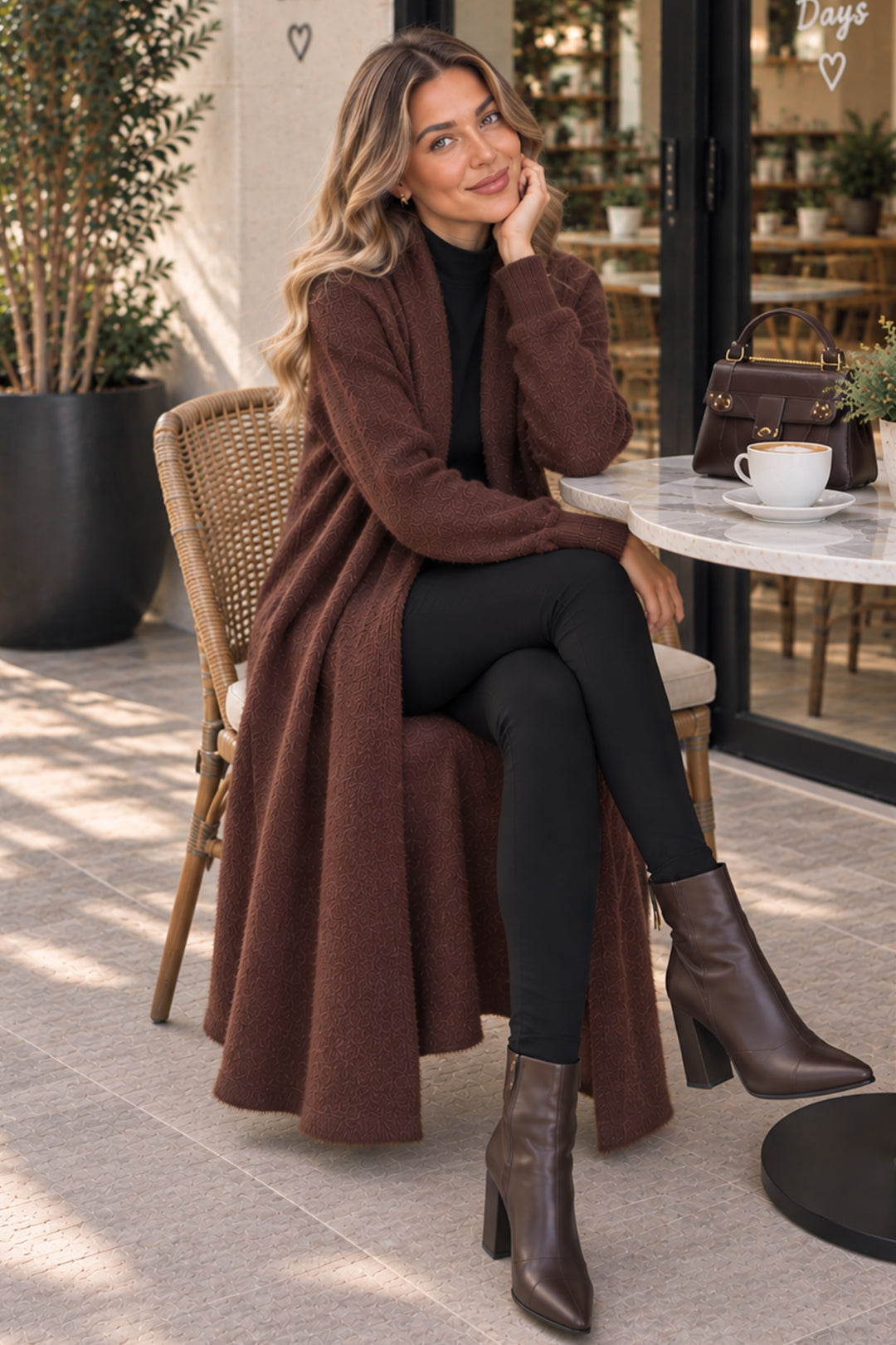 BNG Women Sakallı Triko Uzun Hırka N3372 Kahverengi - Davie