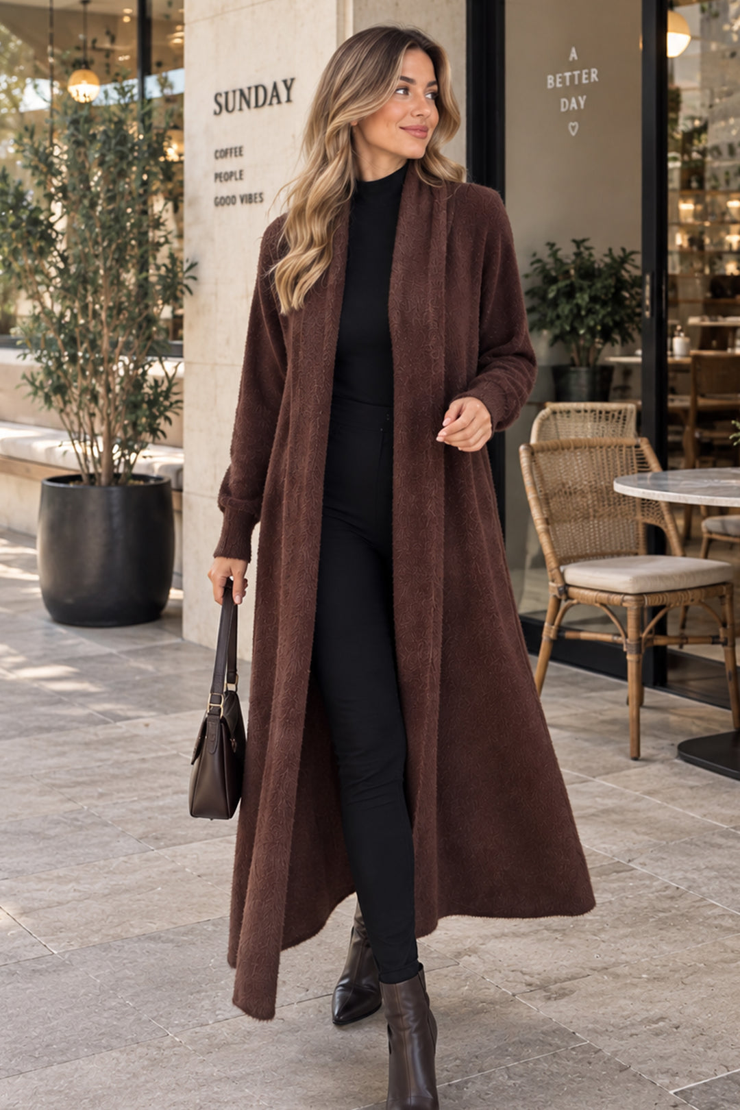 BNG Women Sakallı Triko Uzun Hırka N3372 Kahverengi - Davie