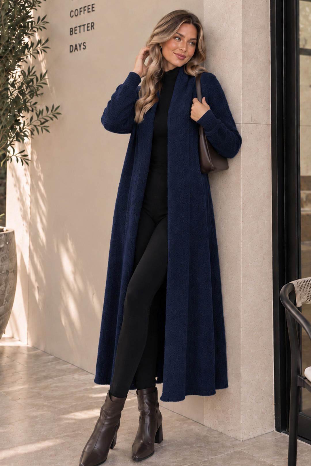 BNG Women Sakallı Triko Uzun Hırka N3372 Lacivert - Blois