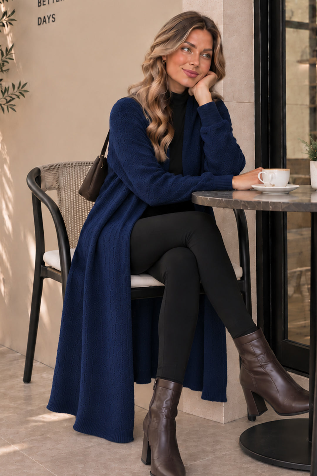 BNG Women Sakallı Triko Uzun Hırka N3372 Lacivert - Blois