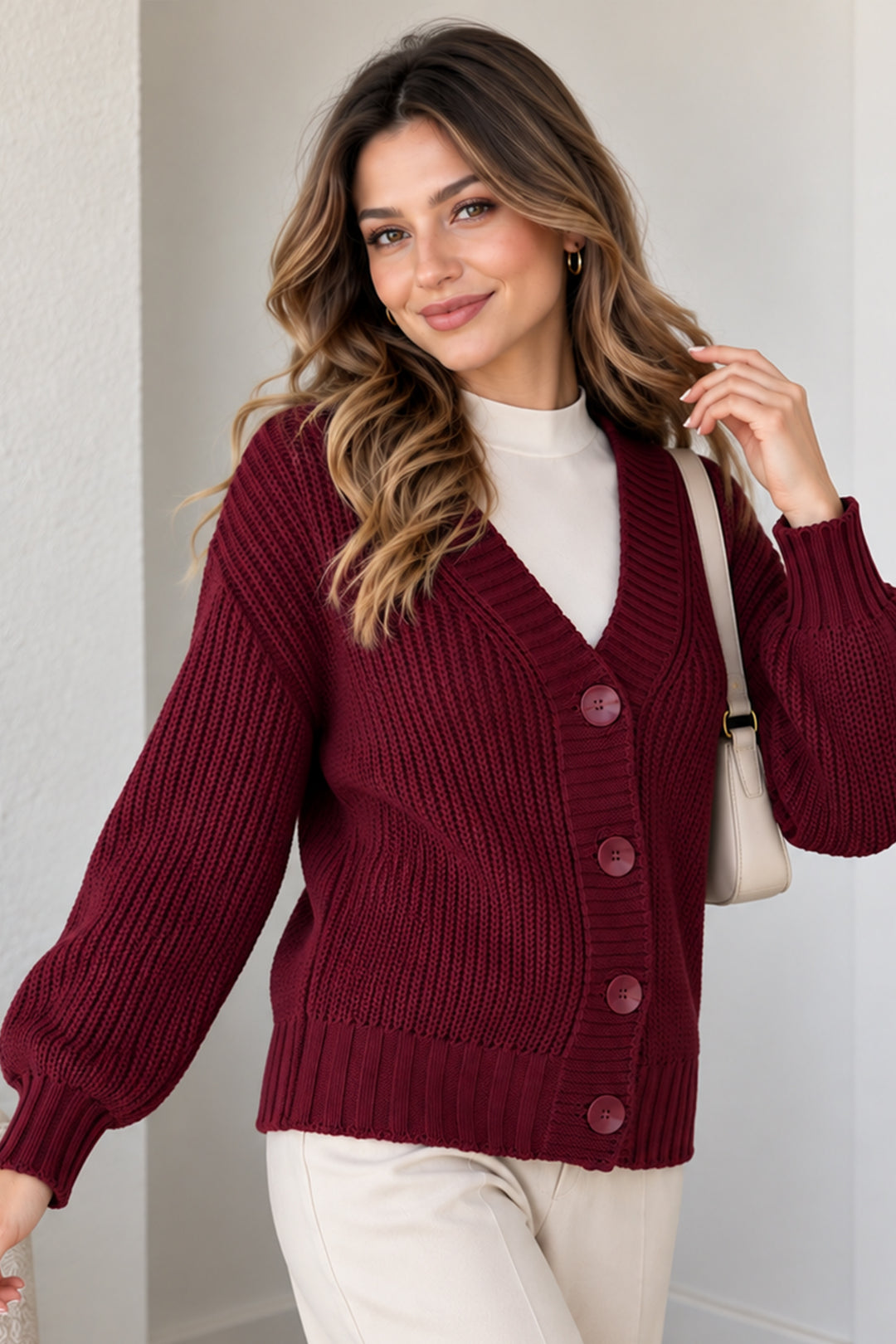 BNG Women Düğmeli Triko Hırka N512 Bordo - Merthyr Tudful