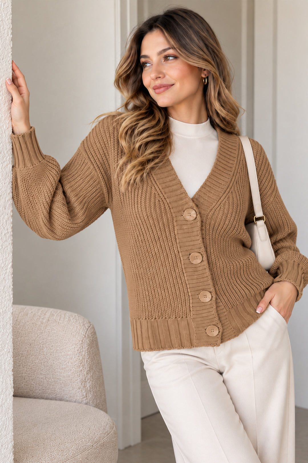 BNG Women Düğmeli Triko Hırka N512 Camel - Deinze