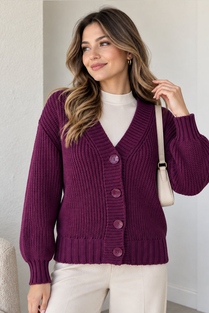 BNG Women Düğmeli Triko Hırka N512 Mürdüm - Kailua