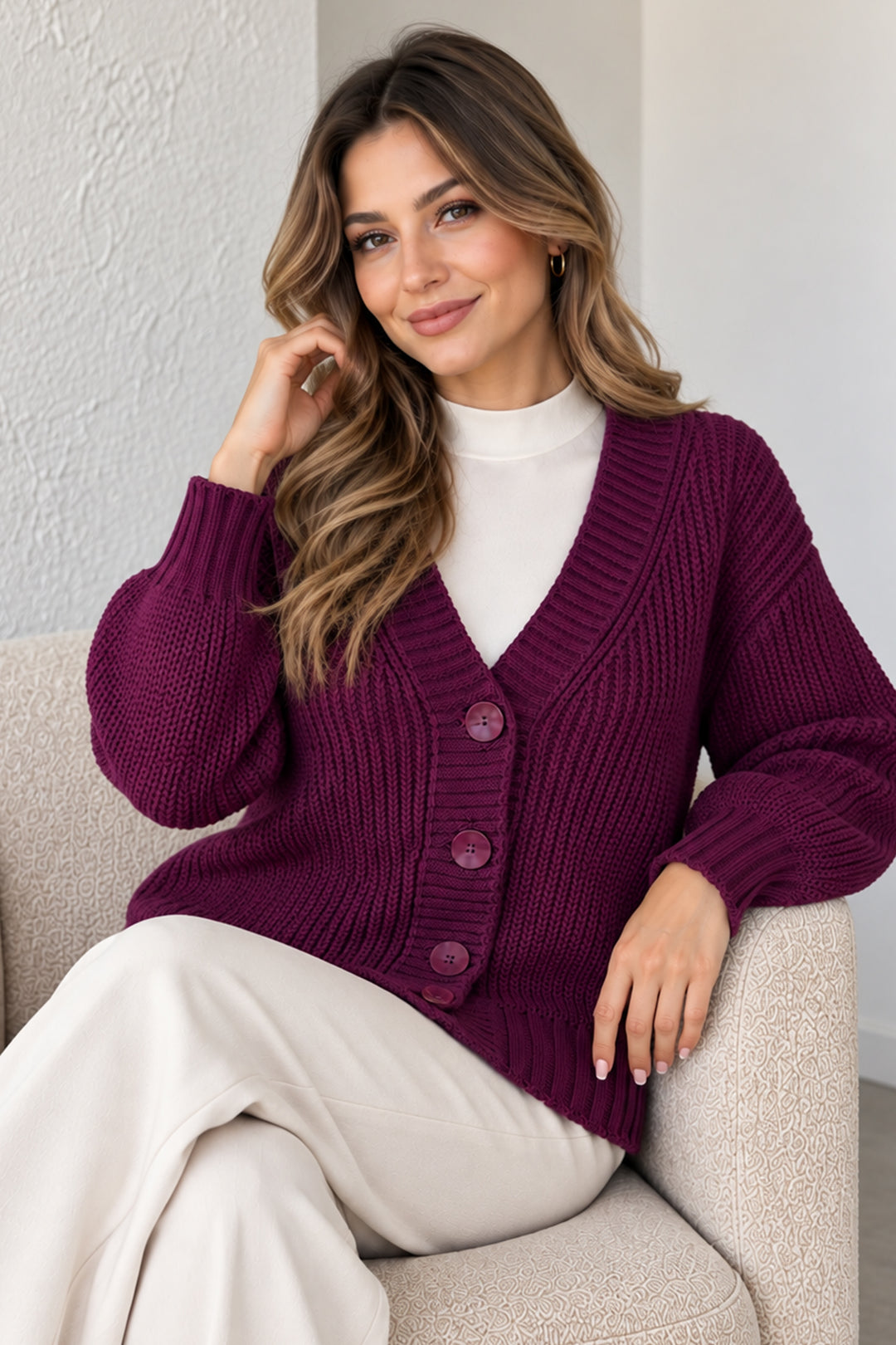 BNG Women Düğmeli Triko Hırka N512 Mürdüm - Kailua