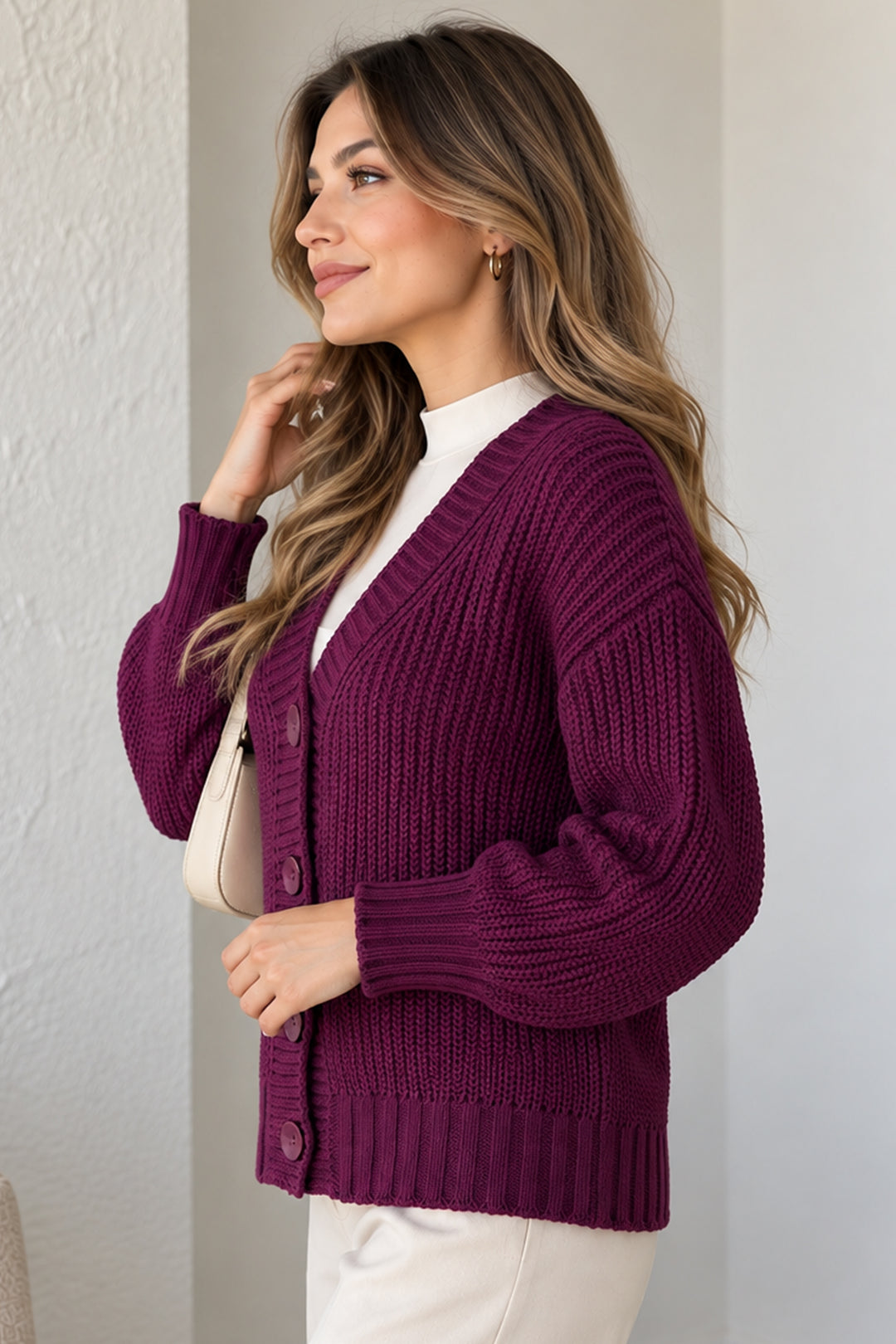 BNG Women Düğmeli Triko Hırka N512 Mürdüm - Kailua
